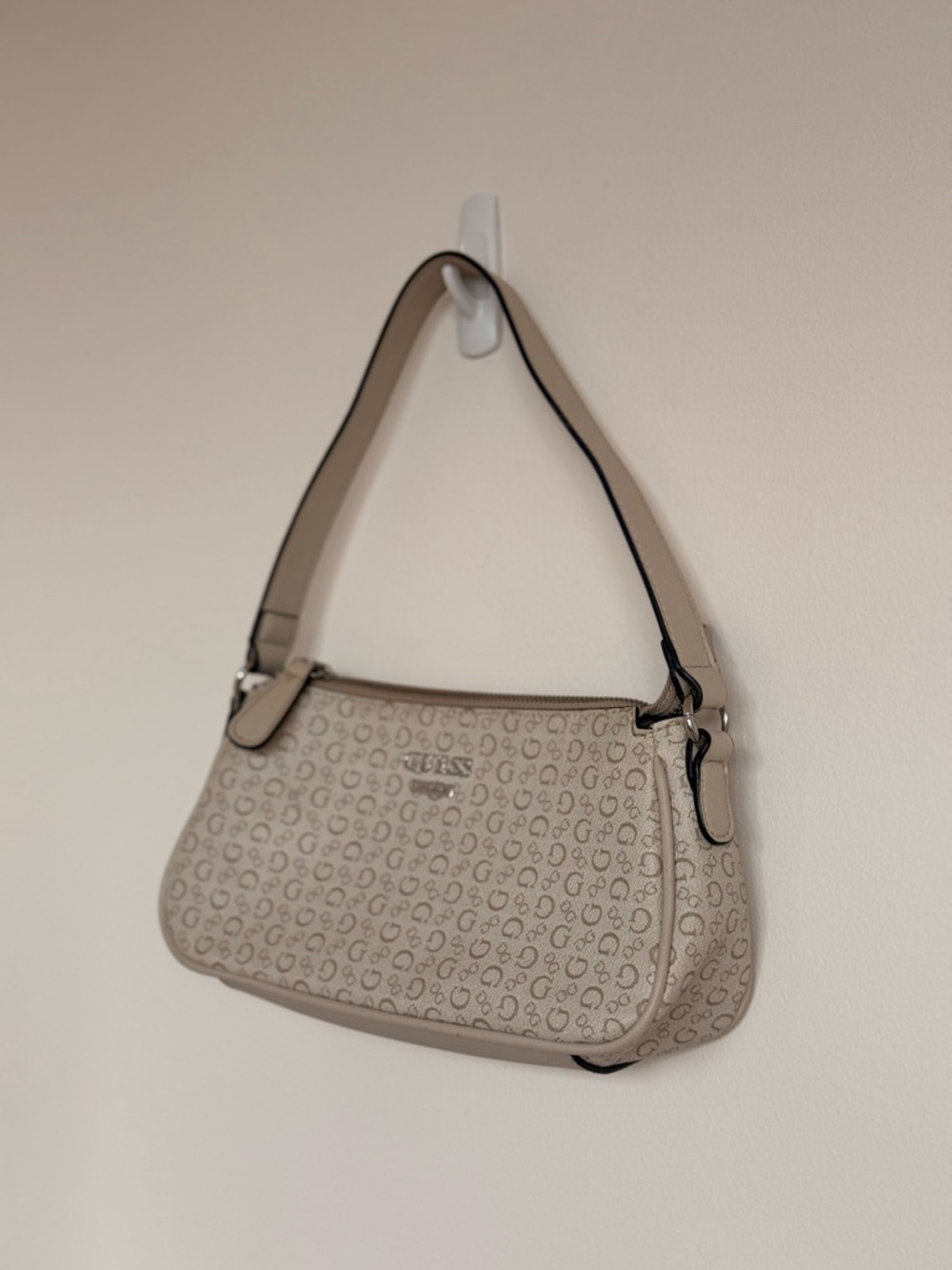 Guess Beige Signature Jacquard Shoulder Bag
